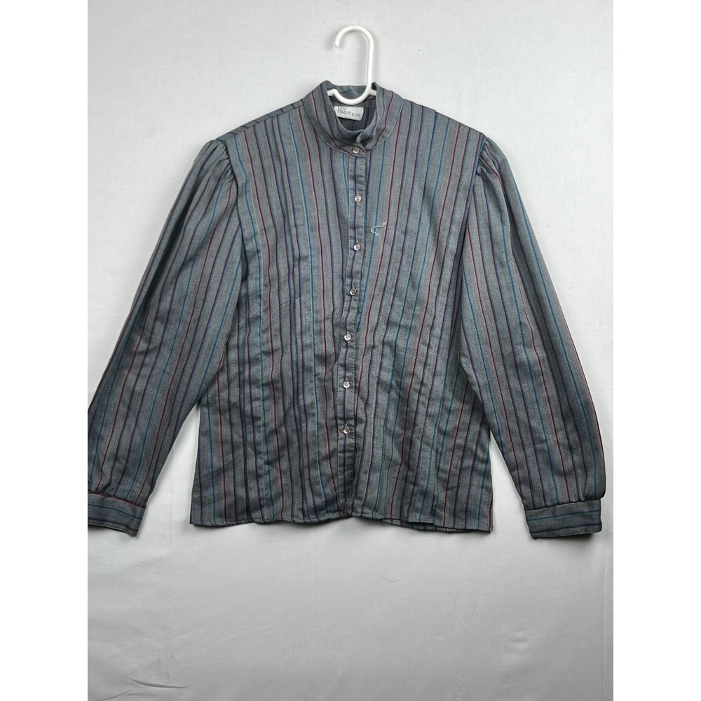 Levi Strauss & Co Womens Gray Herringbone Striped Button Up Blouse Top Vintage